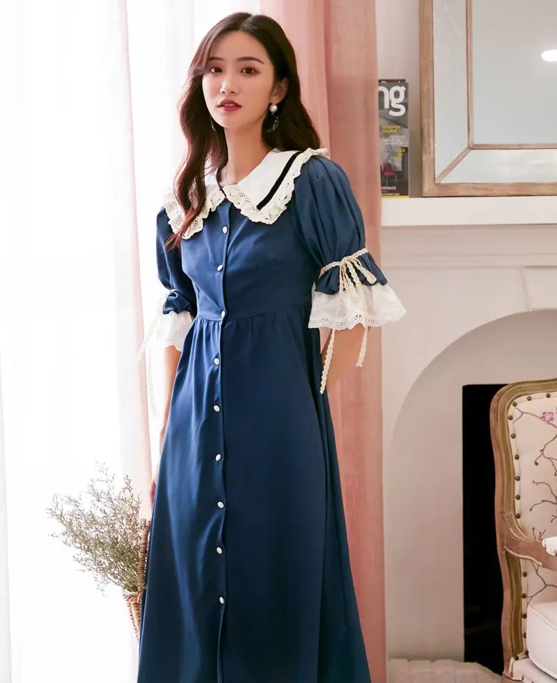 

French Palace Retro GIRL'S Peter Pan Collar Dress Western Style Waist Hugging Slimming Elegant Skirt Fairy Immortal MORI Series