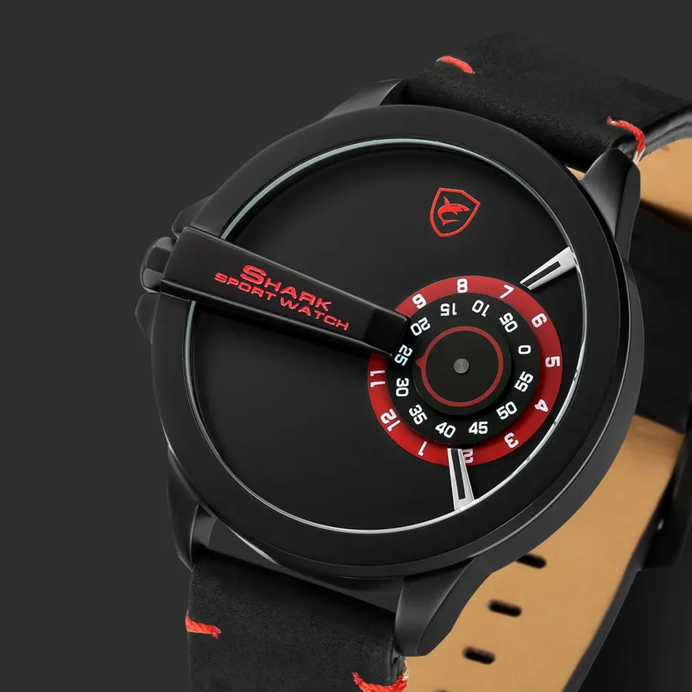 Red SH563 Новые спортивные часы SHARK с поворотным циферблатом, специальный дизайн, кварцевые часы Crazy Horse с кожаным ремешком, водонепроницаемые мужские наручные креативные часы/SH561 - Цвет: Red SH563