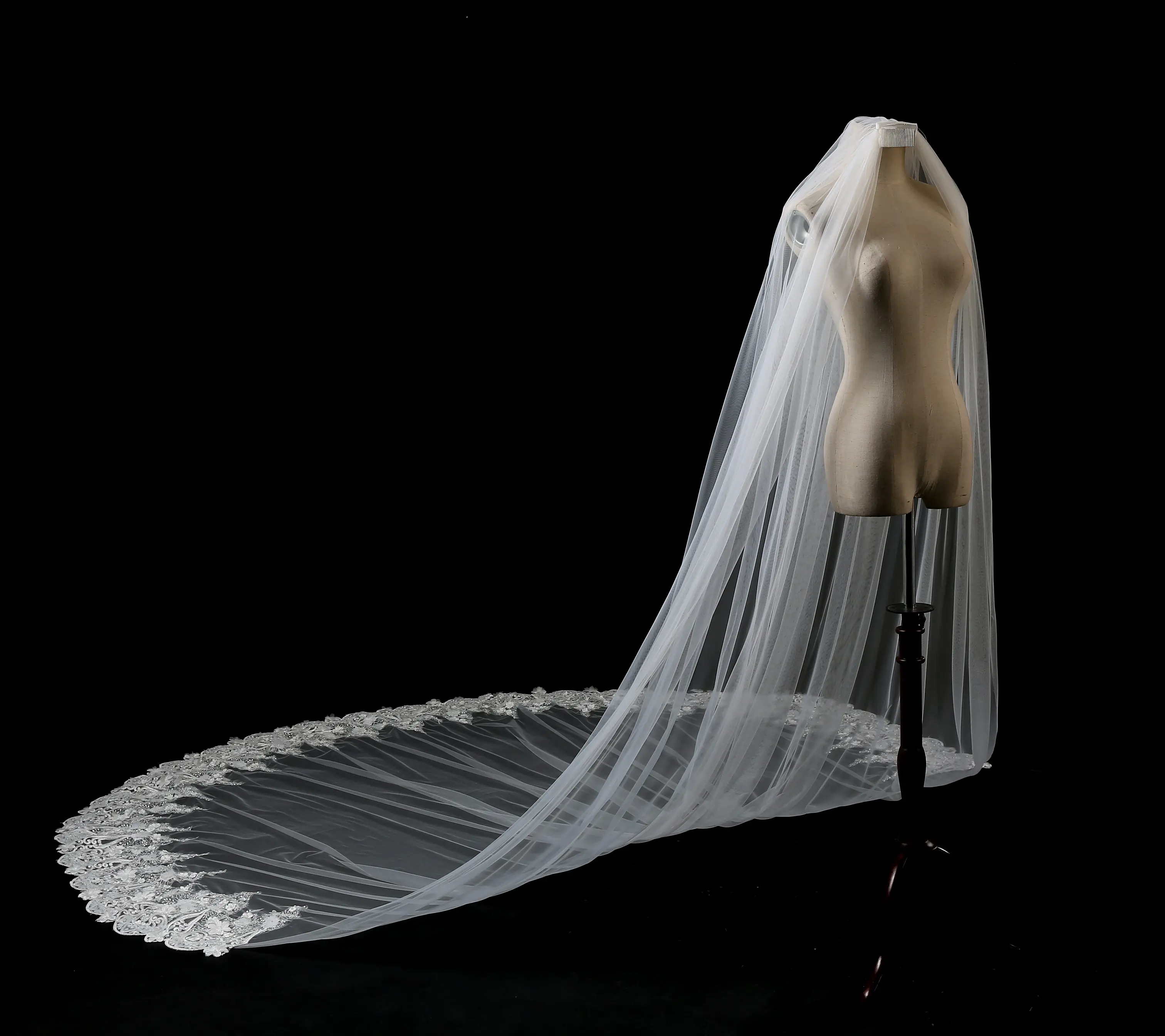 

2020 Real Photos 5 Meters Partial Lace Edge One Layer Cathedral Wedding Veil with Comb Elegant Bridal Veil in Stock