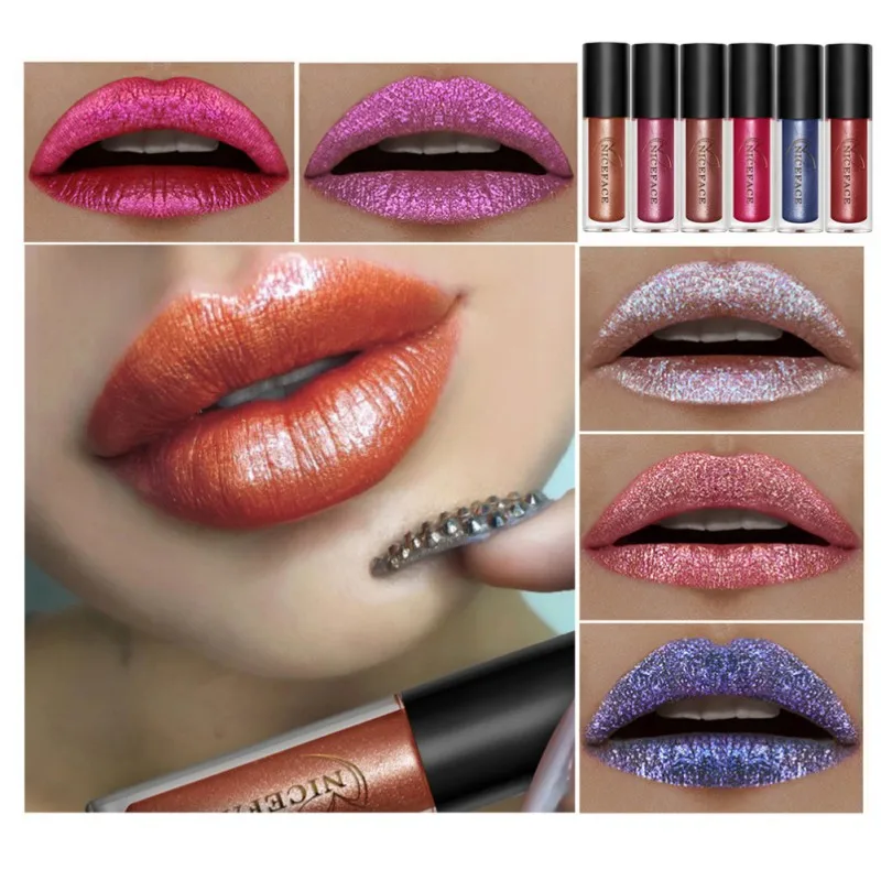 6 Colors Glitter Lip Gloss Long Lasting Waterproof Metallic Lipgloss Lips Beauty Makeup Cosmetics