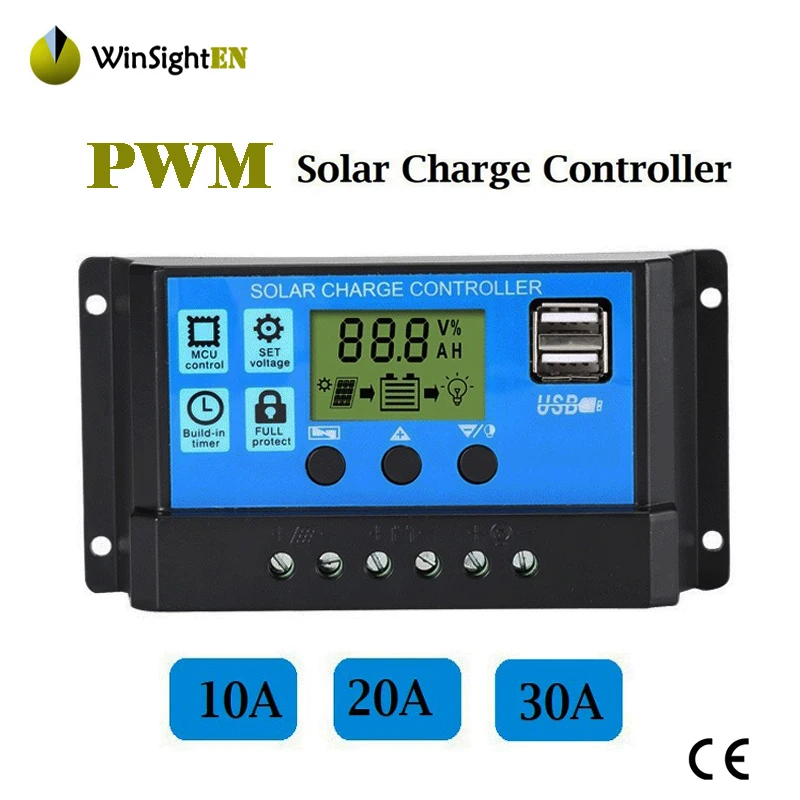 

Charge Controller PWM Solar Controller Panel PV Regulator LCD Dual USB 5V Output ,30A/20A/10A 12V 24V