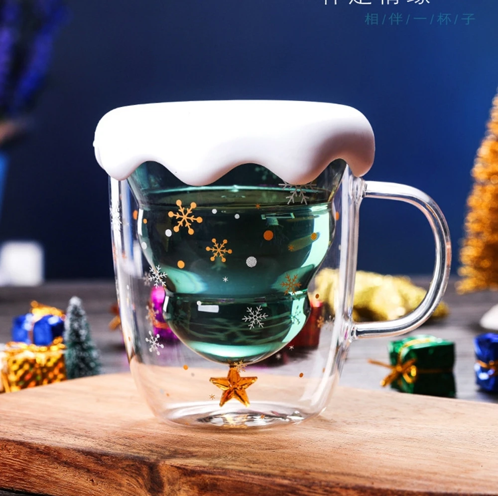 Новогодняя кофейная кружка, инновационная стеклянная, высокая температура, двойная чашка для воды на заказ, вечерние, рождественские подарки