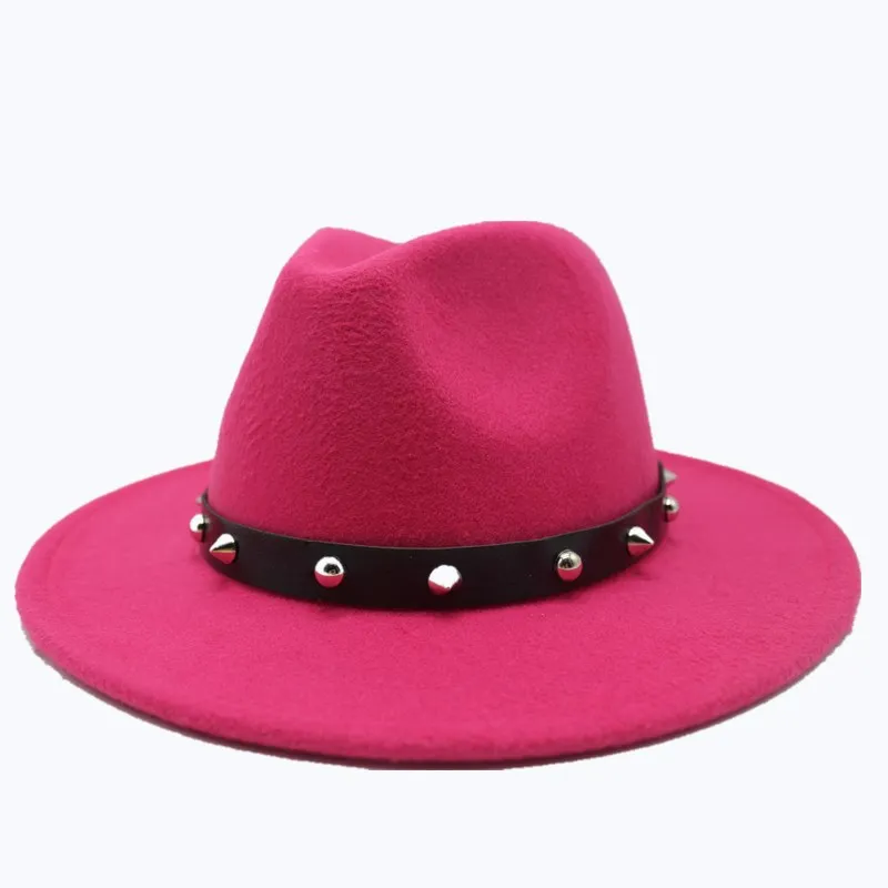 Seioum для женщин и мужчин шерстяная шляпа Fedora с кожаными заклепками джентльмен элегантный Леди Зима Осень широкий джазования с полями церкви Панама