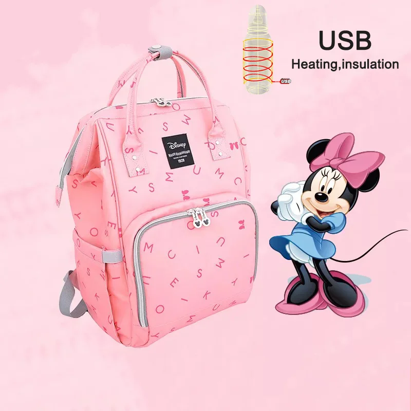 Disney Mommy водонепроницаемая сумка для подгузников, бутылочки для кормления, изоляционные сумки с USB нагревателем, рюкзак, детские сумки для мам, сумки для хранения - Цвет: pink