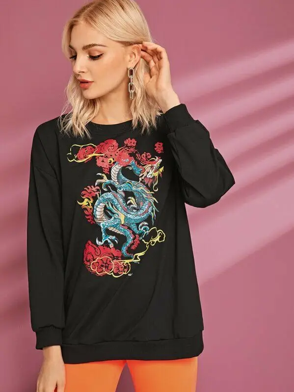 Women Blouse Dragon Print Chinese Style Long Sleeve Pullover Casual Blouse Loose Crew Neck Shirt  Womens Tops And Blouse