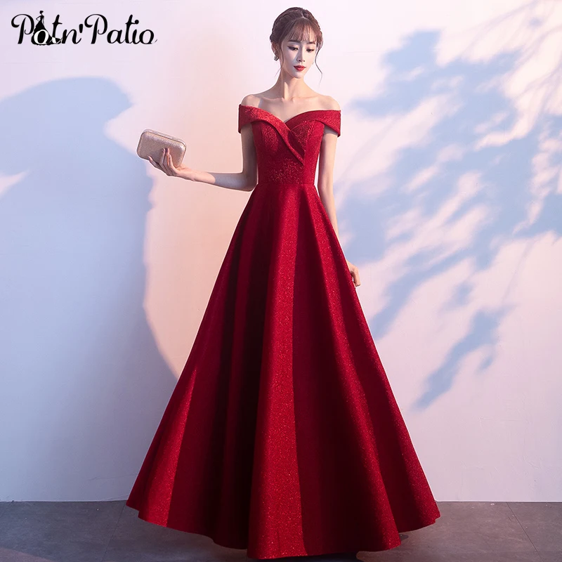 

Elegant Off The Shoulder Long Formal Dresses A-line Floor-length Wine Red Sequined Evening Gowns