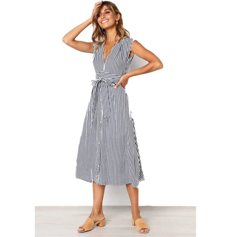 Women Sleeveless Casual Stripe Dresses