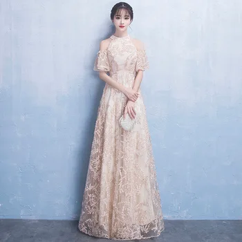 

Young Lady Champange Dresses Luxury Elegant Long Chinese Women Modern Qipao Dress Halter Long Lace Novelty Evening Party Gown
