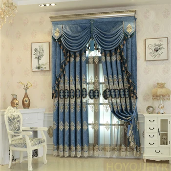 

European and American high-end small flower embroidery curtains classic luxury blue curtains for bedroom living room hotel
