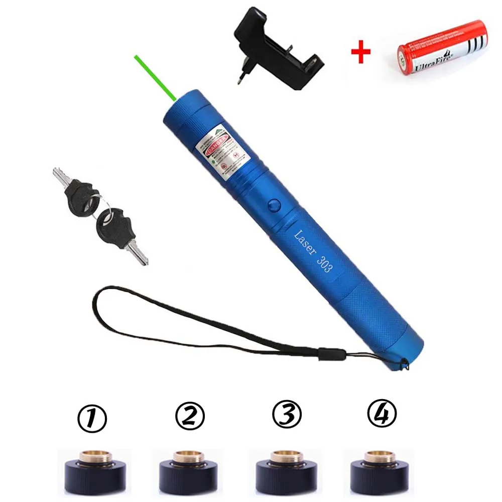 Высокая Мощная зеленая лазерная указка 10000 м 5 МВт лазерная ручка 4 шт. головка горящая спичка с лазерами 303+ зарядное устройство+ аккумулятор 18650 - Цвет: laser 4top BL