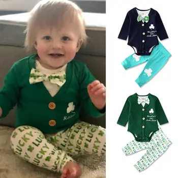 

3Pcs New St Patrick acutes Day Baby Boys Gentlemen Outfits Sets Long Sleeve Romper Tops Bodysuit Four-Leaf Clover Stripe Pants