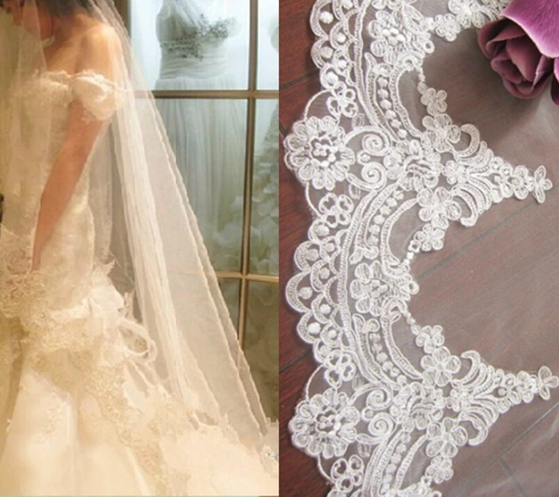 Real Photos 4M White/Ivory Beautiful Cathedral Length Lace Edge Wedding Bridal Veil With Comb Wedding Accessories MD3084 2 layer tulle with gold star beads communicate veil bar mitzvah headdress shining pricess hair acessories velo de novia