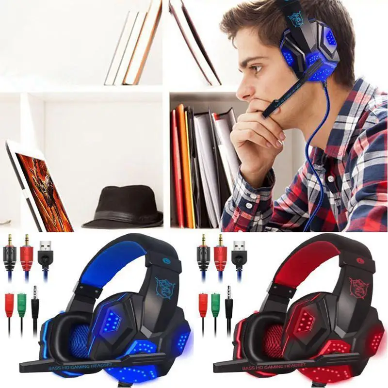 Gaming Headset Earphone Wired Gamer Headphone Stereo Sound Headsets with Mic LED light for Laptop Cellphone PS4