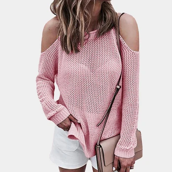 

Women Solid Knitted Sweater Casual Long Sleeve Off Shoulder Pullovers Autumn Loose Hollow Out Thin Sweaters