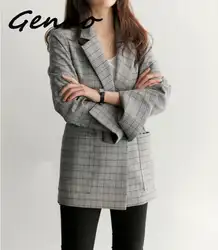 Весенне-осенний женский серый клетчатый офисный пиджак с бантом и поясом с разрезом на рукавах элегантные деловые Блейзеры Feminino