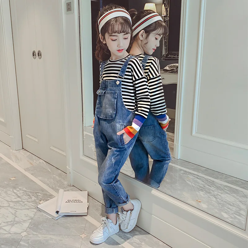

Girls' Overalls 2019 Spring Clothing New Style Korean-style Big Kid Fashion Stereo Pocket Shoulder Strap Jeans