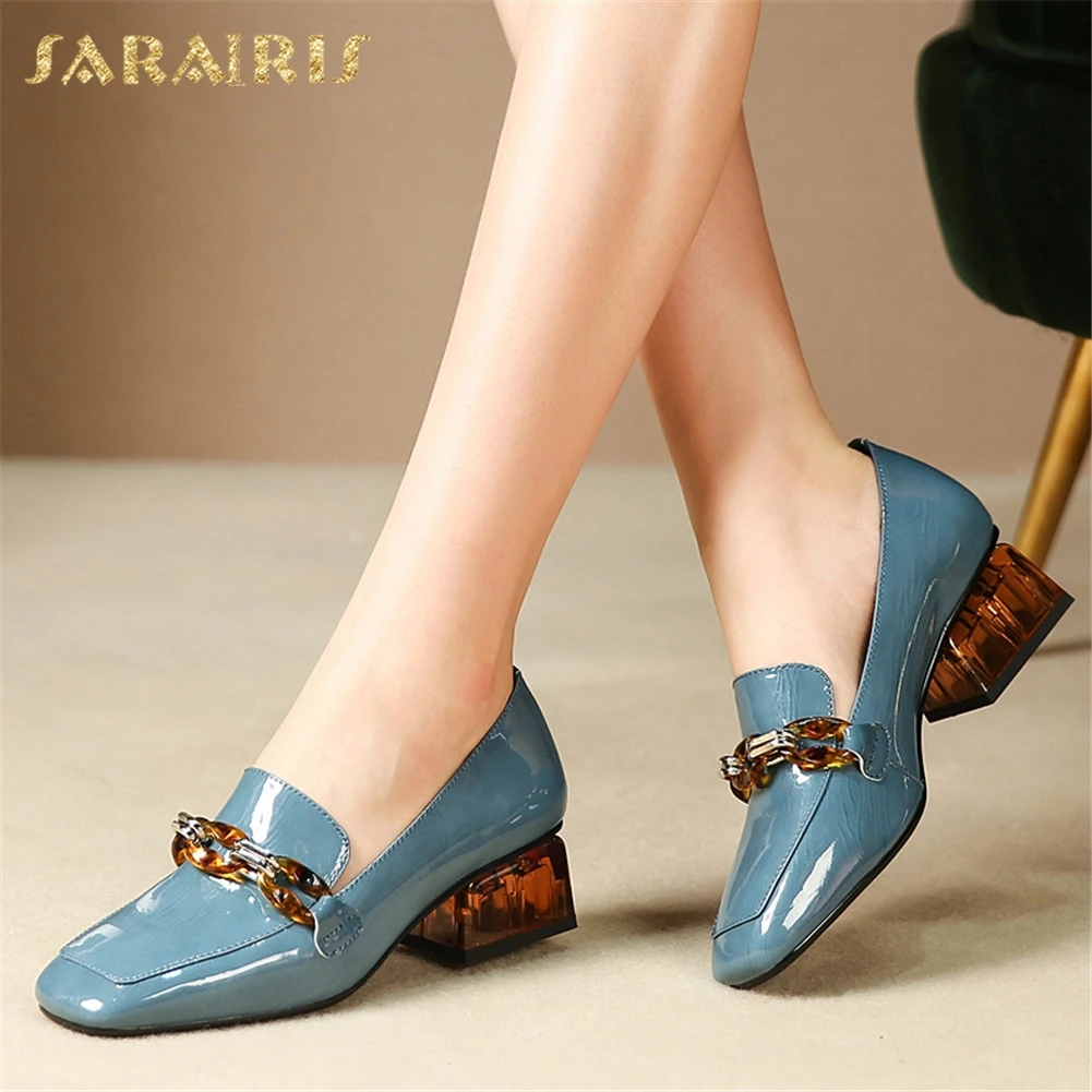 

Sarairis Fashion New Hot Genuine Cow Leather Office Lady Pumps Woman Shoes Metal Decoration Slip On Chunky Heels Shoes Women