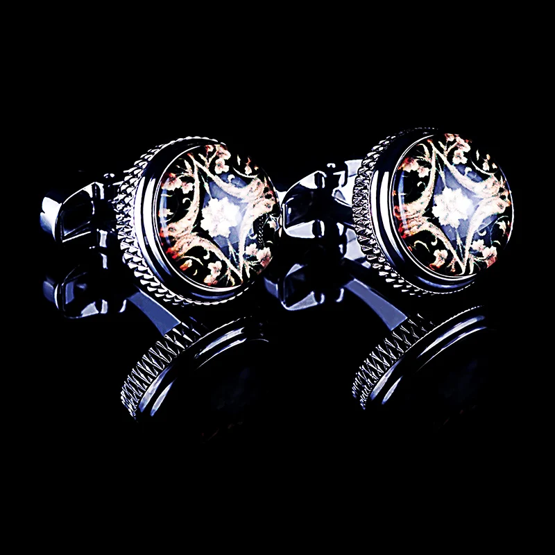 Silver Color Mechanical Back Round Brown Mysterious Pattern High Quality Men Cufflinks  Jewelry for Gift