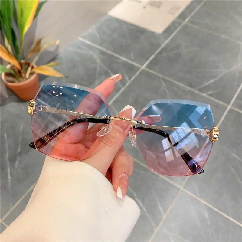 Luxury Clip Square Sunglasses For Women 2021 Fashion Retro Rimless Vintage Design Shades Sun Glasses Metal Golden Blue Glass sunglasses for women Sunglasses