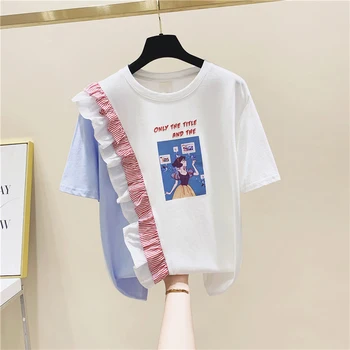 

Women's Summer T Shirts Striped Printed Letters Ruffled Short Sleeve T-shirt Female Summer Top Loose Tshirt Ladies Tops Nancylim