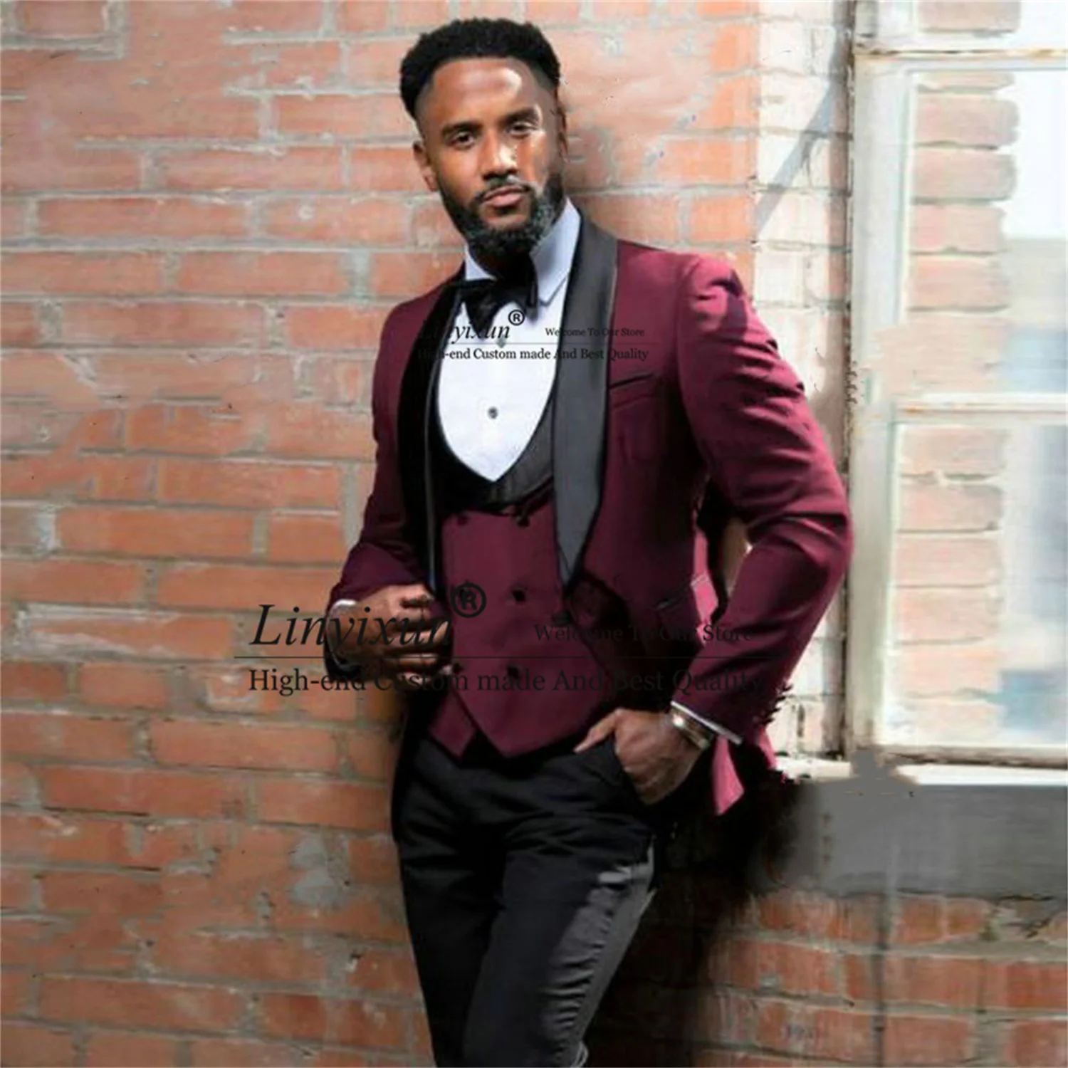 

Classic Burgundy Men Suits For Wedding 3 Pieces Groom Tuxedos Male Fashion Dinner Prom Groomsman Blazer Vest Pant Costume Homme