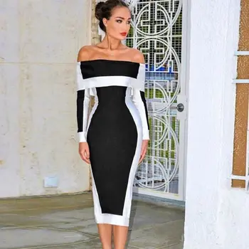 

AI RUI SHI STORE Sexy Winter Bodycon Bandage Dress Women Vestidos 2020 New Long Sleeve Off Shoulder Club Dress Celebrity Runway