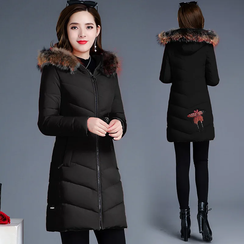 

2019 Winter Korean-style New Style High-End Glorious Embroidery Cotton-padded Jacket with Zipper Slim Fit Warm Hooded Fur Collar