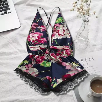 

Sexy Women Bodysuit Sleeveless Deep V Neck Sleepwear Women Floral Print Lace Short Pajama Women Sleepwear Jumpsuit Lingerie