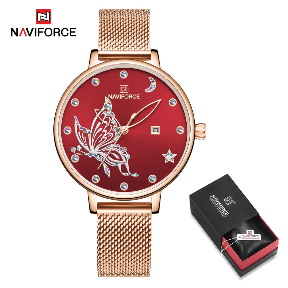 NAVIFORCE дизайн красивые часы с бабочками Дата кварцевые часы Женская мода браслет наручные часы женские часы подарок - Цвет: RoseGold Red in Box