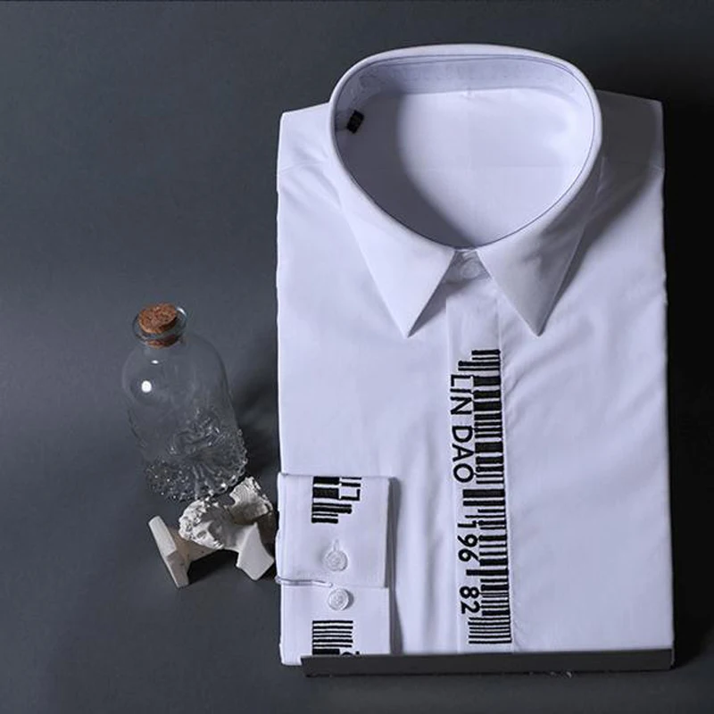 Personality Embroidery Mens Shirt Solid Slim Chemise homme Turn down Collar Long sleeve Camisas Casual Business male Shirts