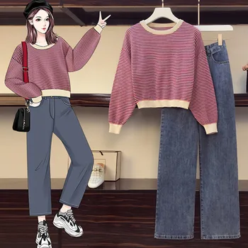 

Harajuku Striped Knitted Pullovers Tops Women Two Piece Wide-leg Denim Pants Sets Casual Batwing Sleeve Sweater 2 Piece Outfits