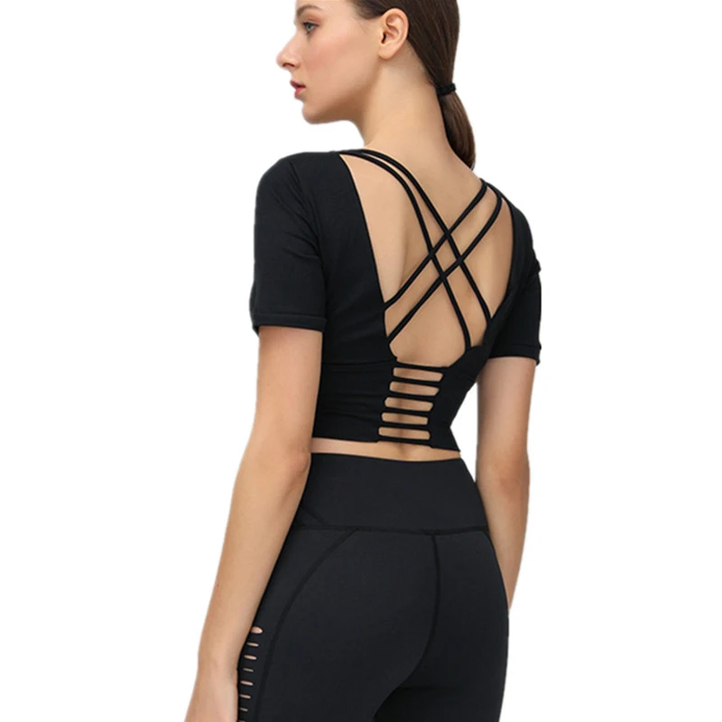

Sexy Back Cross Hollow Yoga Shirt Padded Bra Push Up Fitness Short Sleeve Sport Crop Top Gym Running Yoga Tops Womens Sportswear