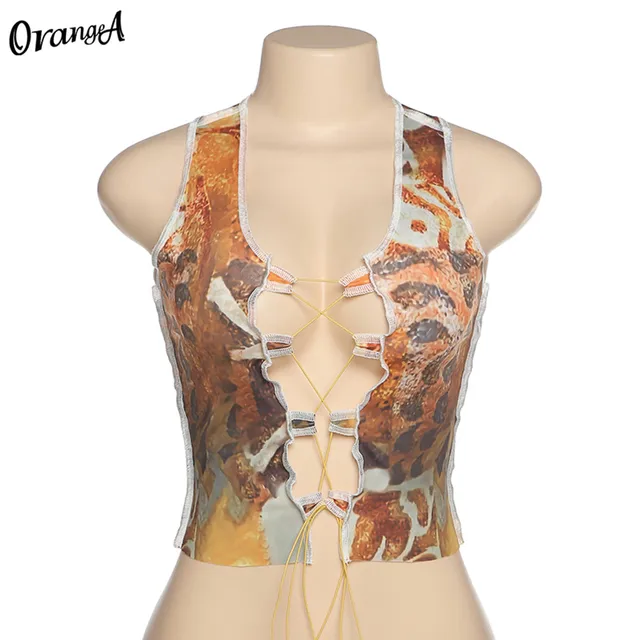 OrangeA summer women y2k sexy hollow out tank tops drawstring bandage fashion sleeveless colorful print party skinny clubwear 6