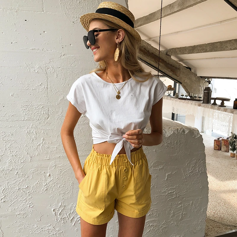 Yellow Crimping Streetwear Pockets Shorts Pants OC0147