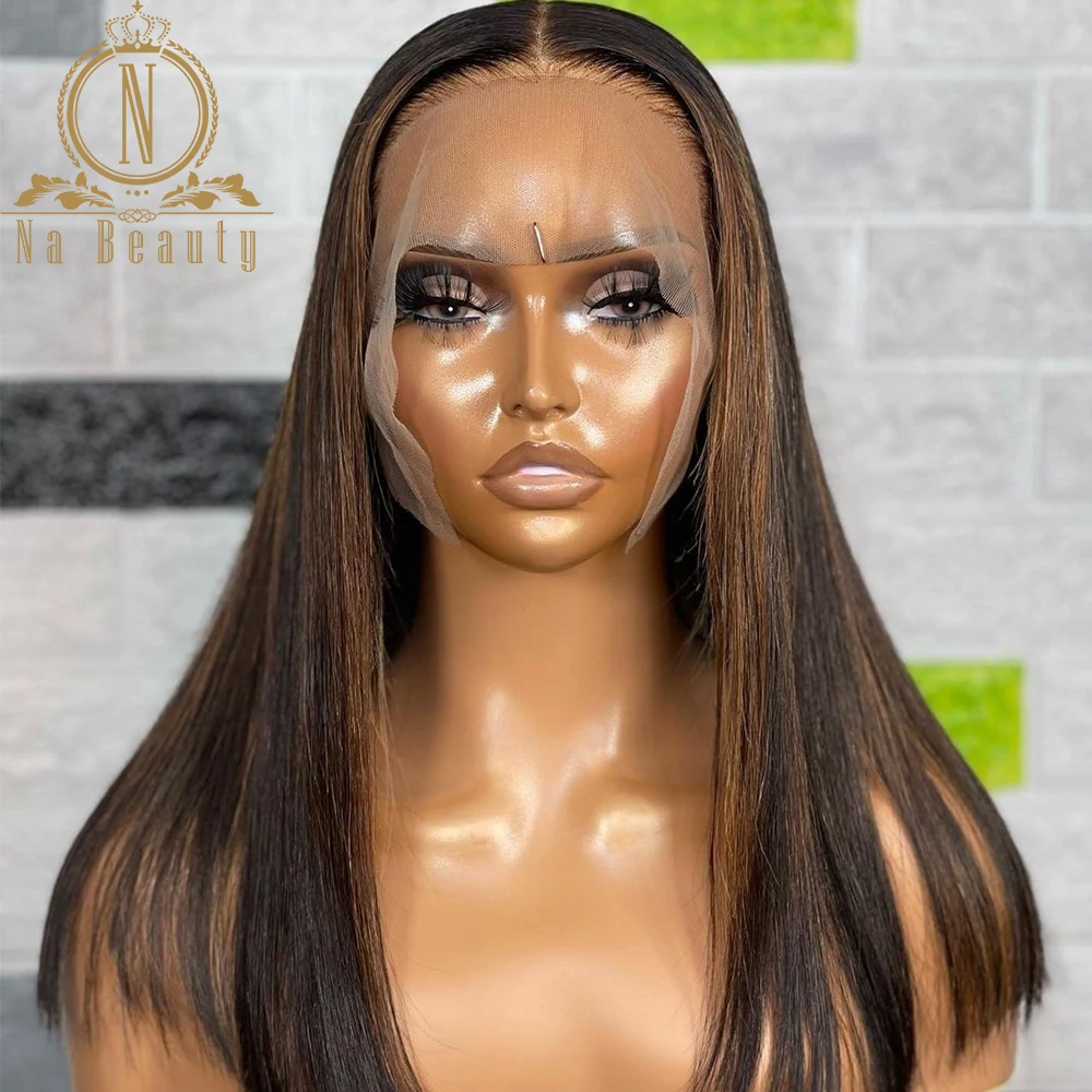 13x4 Transparent Lace Front Wig Black With Brown Highlight Wig Colored Lace Frontal Human Hair Wig Bleached Knots For Women 150%