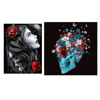 

Halloween 5D Diy Diamond Painting Full Drill Round Resin Beads Skull Flower Butterfly & "Girl & Skull"
