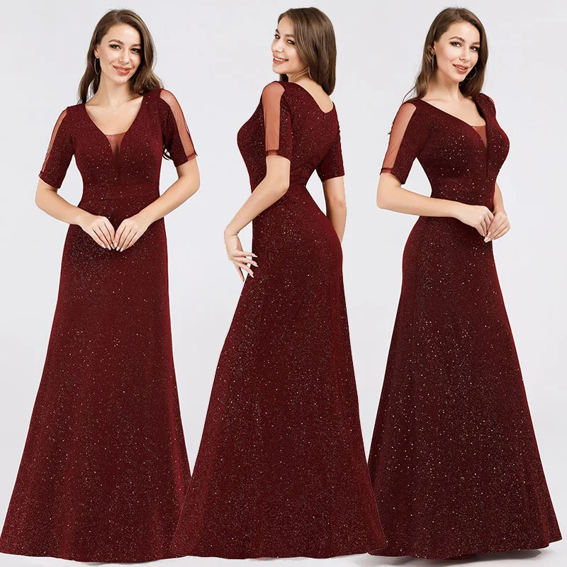 

Europe And America Summer New Style V-neck Short Sleeve Dusting Powder Shiny Wine Slim Fit Banquet Host Evening Gown