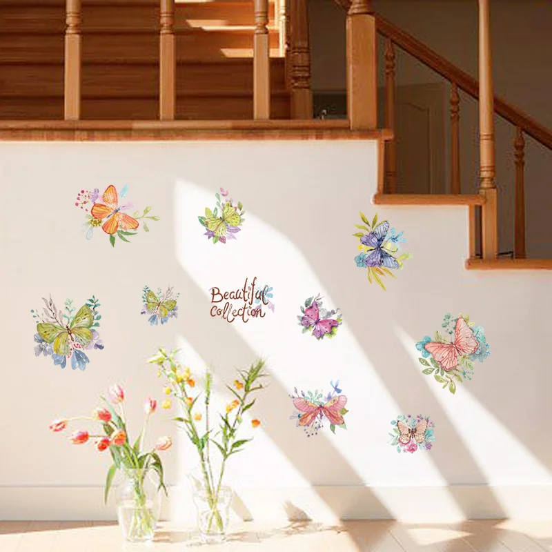 Cartoon Hand-painted Colorful Butterfly Flower Wall Stickers Cabinet Refrigerator Door Wardrobe DIY Decorative Wallpaper Decals | Дом и сад
