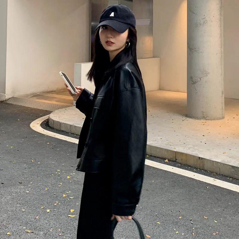 Leather Jacket Women's Peaked Cap Black Cropped Leather