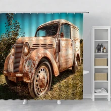 

Retro Truck Shower Curtain Red Old Tin Car Antique European Style Bathroom Decoration Curtain Polyester Fabric Wall Curtain Hook