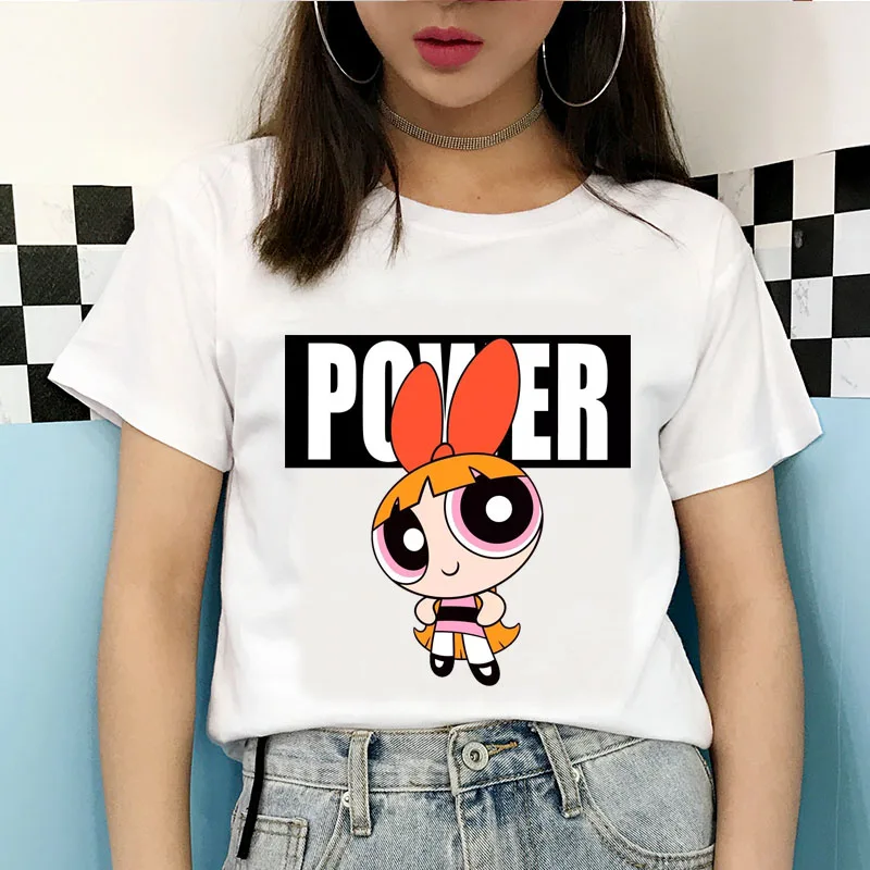 2020 New Summer Kawaii White Tops Powerpuff T Shirt Girls Harajuku Funny Cartoon Printed Cute T-shirts Women's Fashion Clothing