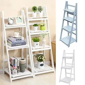 

4 Layer Storage Shelf Outdoor Garden Home Flower Stand Balcony Ladder Self-Standing Folding Dish Rack White Solid Wood Ladder