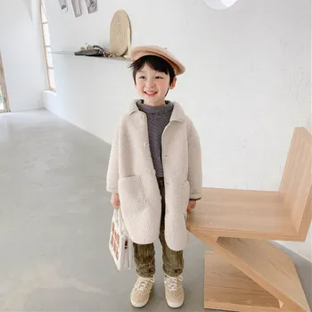 

2020 New Korean Style Boys Leatherwear Fleece Long Coat Children Clothes Fashion Brief Lapel Warm Long Jacket For Toddler Kids