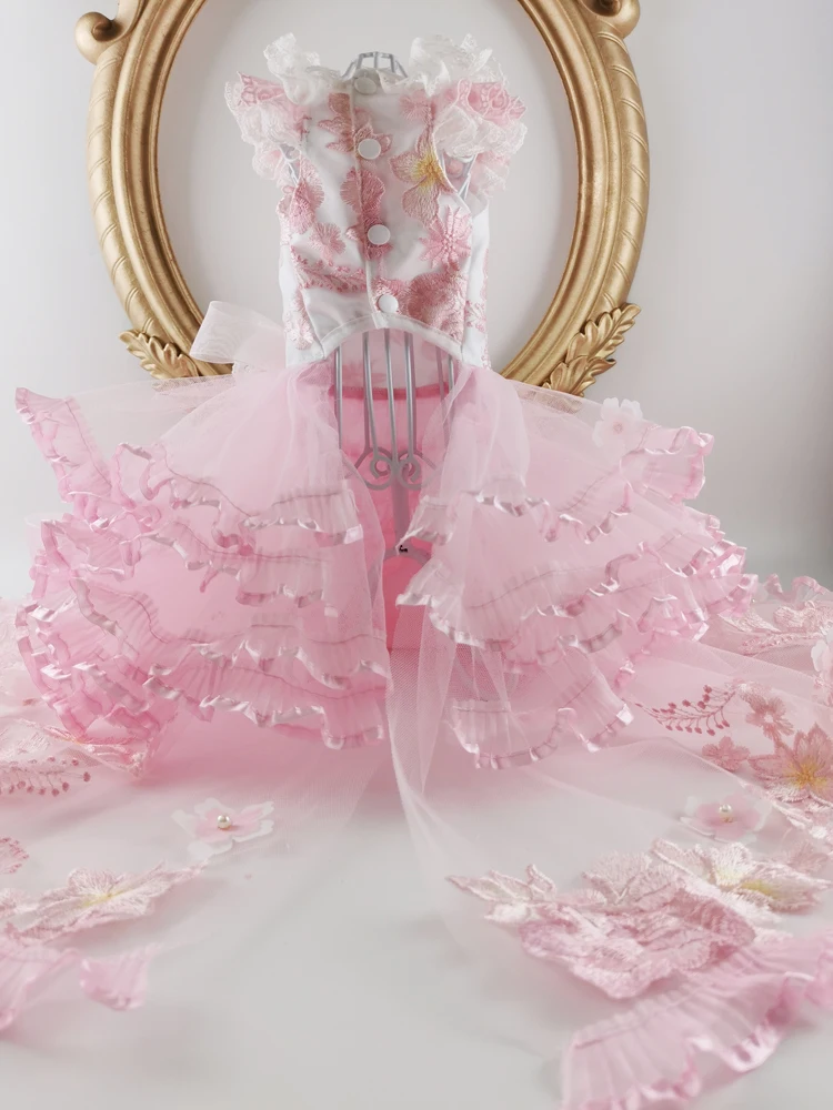 Ручной работы собачье свадебное платье роскошная аппликация вышивка розовый падение свадебное платье с длинным хвостом одежда для домашних животных