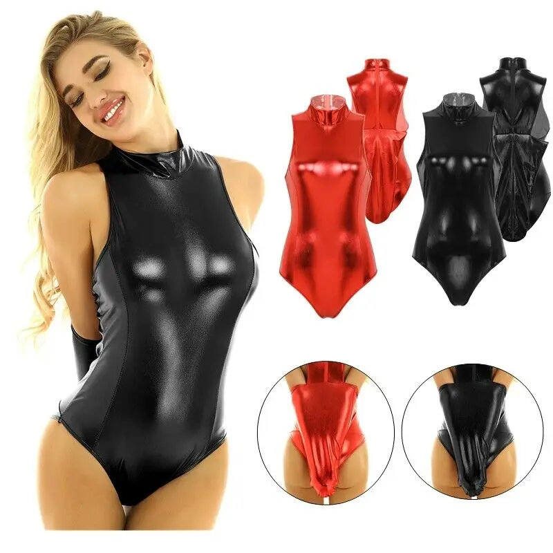 Women Shiny Metallic Leotard Bodysuit Mock Neck Arm Restraint Glove Nightwear Thong Catsuit Sexy Costume