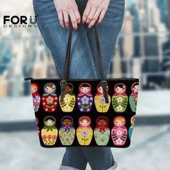 

FORUDESIGNS Shoulder Large Bag Women Kawai Matryoshaka Doll Printing Leather Handbags For Female Hand Bags Streetwear Travel-bag