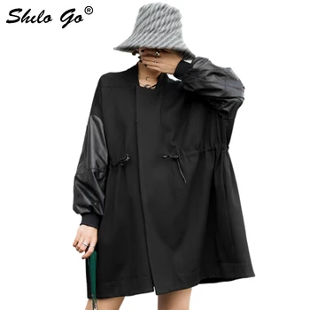 

Genuine Leather Trench Plus Size Mock Neck Drawstring Waist Drop Shoulder Batwing Sleeve SheepskinCoat Women Casual Outwear