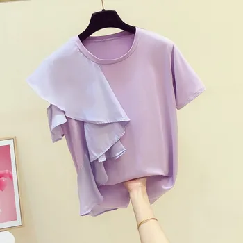 

irregular ruffles off shoulder women t-shirts 2020 summer new o-neck short-sleeved loose purple lady elegant pulls tops tees