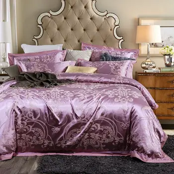 

Luxury Violet Satin Jacquard Cotton 4 pcs Beding set with 1pcs flat sheet 1 pcs duvet cover 2 pcs pillowcase GX-24