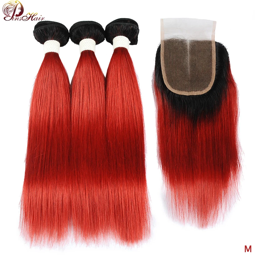 

Pinshair Pre-Color Brazilian Human Hair Bundles with Closure 1B/Red 99J Ombre Straight Hair Weave Bundles with Closure Non-Remy
